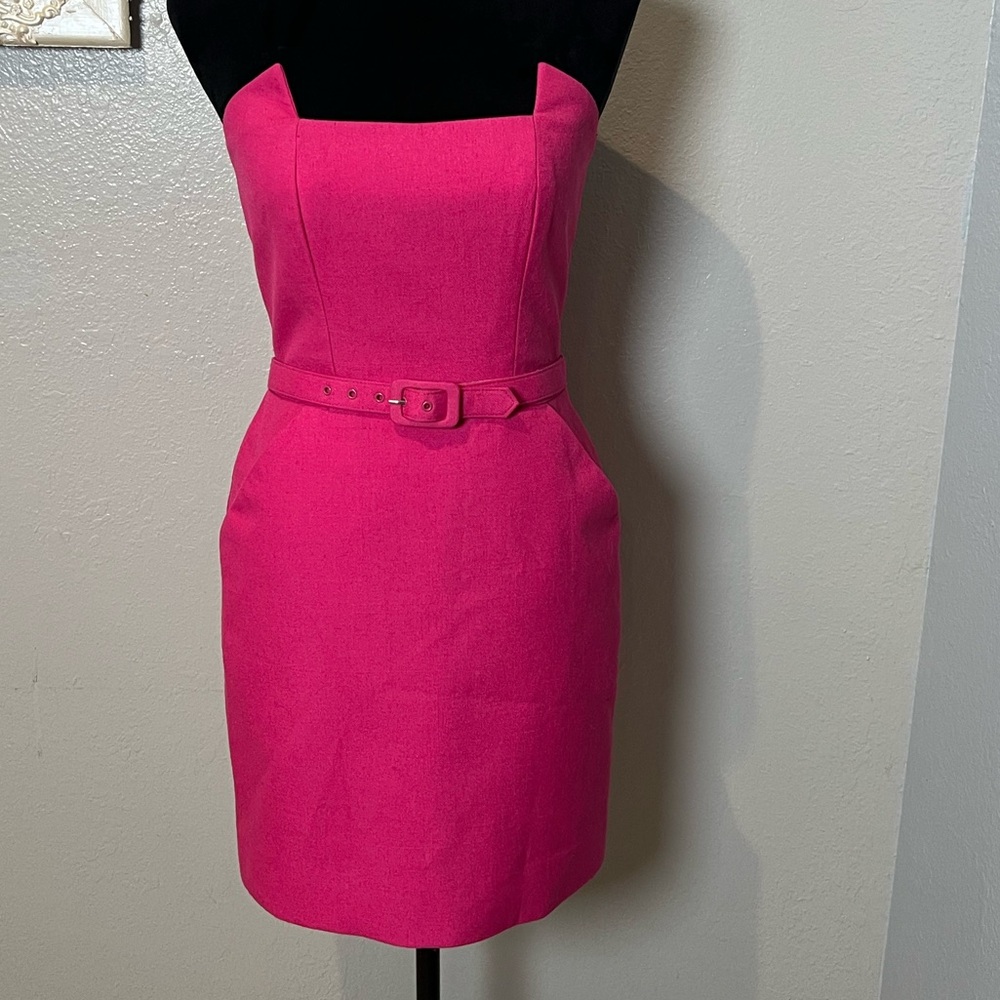 Victor Costa Vibrant Pink Strapless Sheath Dress with Belt - Picture 4 of 12